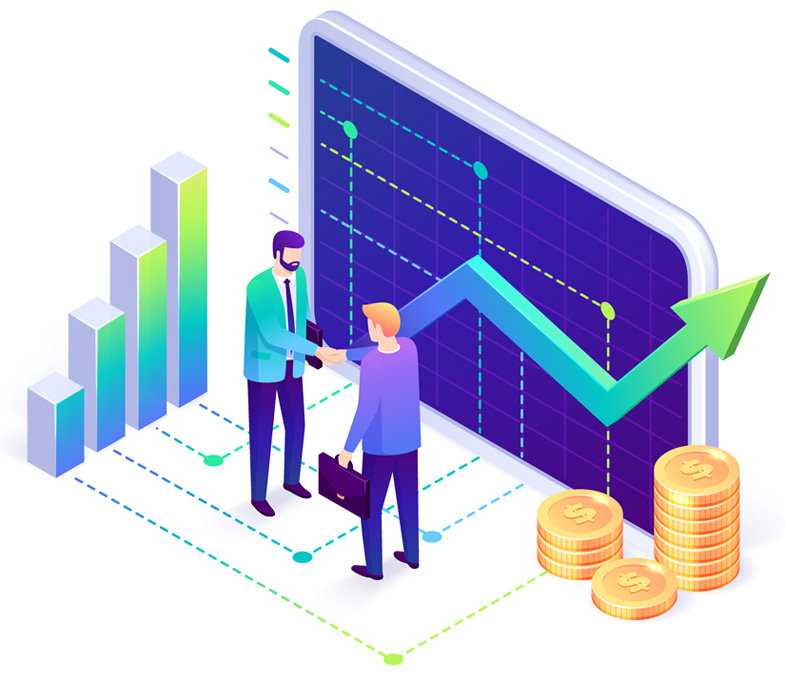 about-pic Isometric illustration of businessmen shaking hands with coins and a graph, emphasizing bookkeeping services.