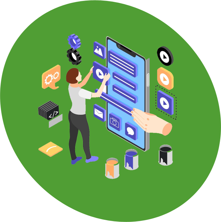 help-pic An isometric image of a woman using a smartphone while providing bookkeeping services.