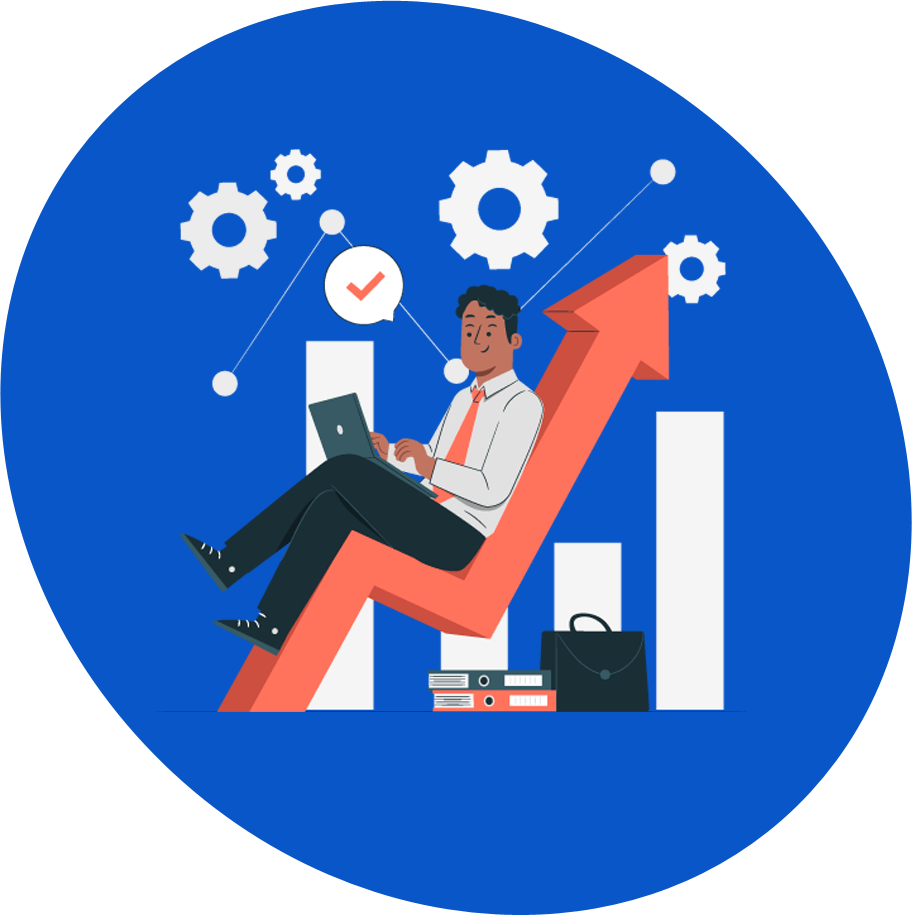banner-pic-1 Illustration of a man in business attire working on a laptop while sitting on an upward arrow, with bar graphs, gears, and a checkmark in the background—perfect for smallbizsk to symbolize growth and productivity.