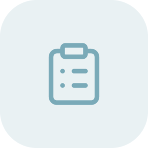 Blue clipboard icon with two lines and two dots, representing a checklist, centered on a light gray rounded square background.