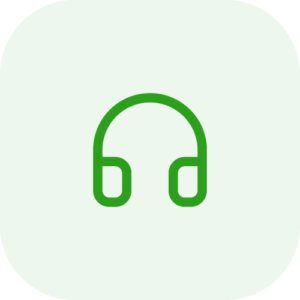 Green outline icon of a pair of headphones centered on a light green rounded square background.
