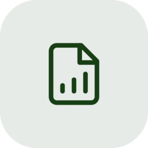 Dark green icon of a document with a bar chart on a light gray rounded square background.