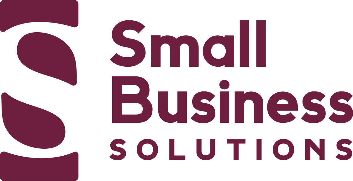 Logo with a stylized "S" on the left and the words "Small Business Solutions" in bold, maroon text on a light background.